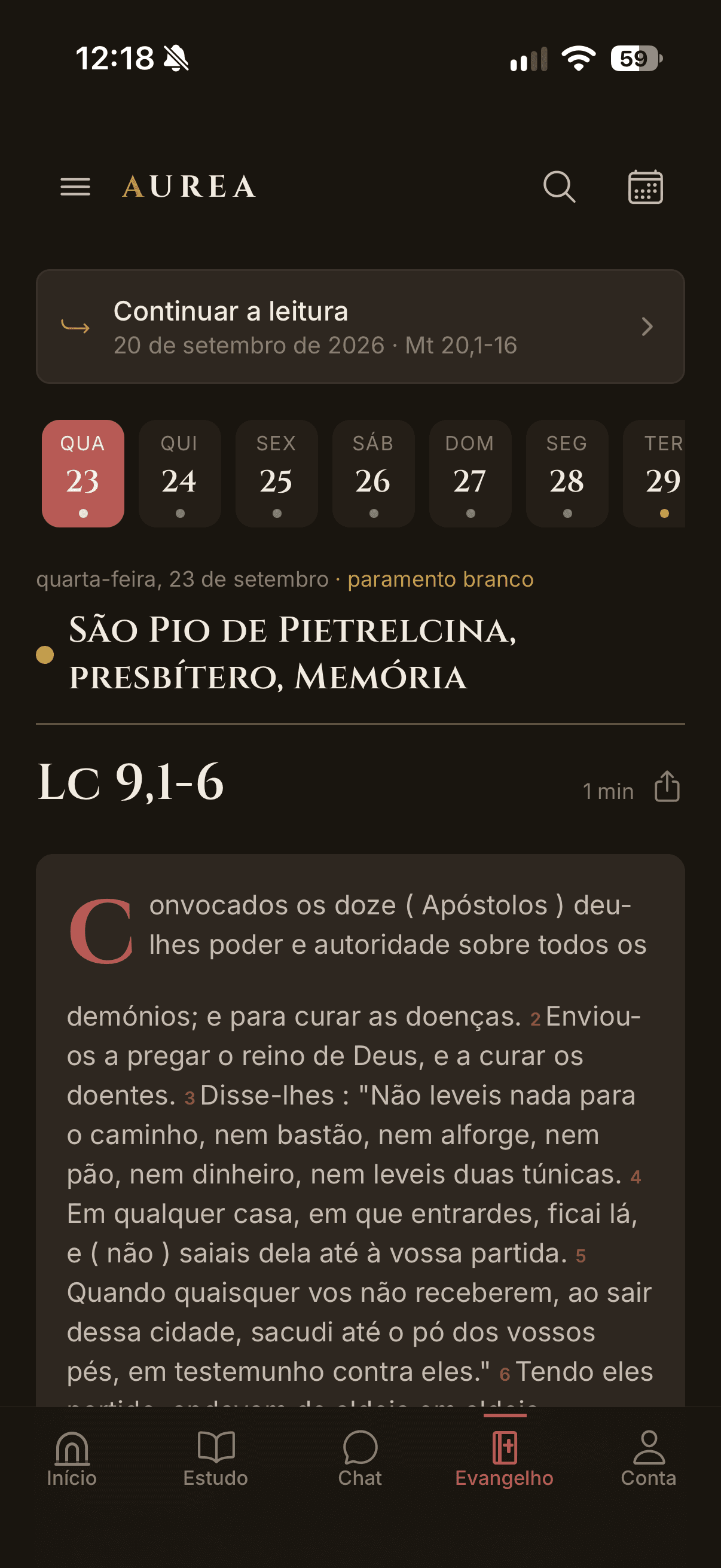 Tela do Evangelho do dia no aplicativo Aurea
