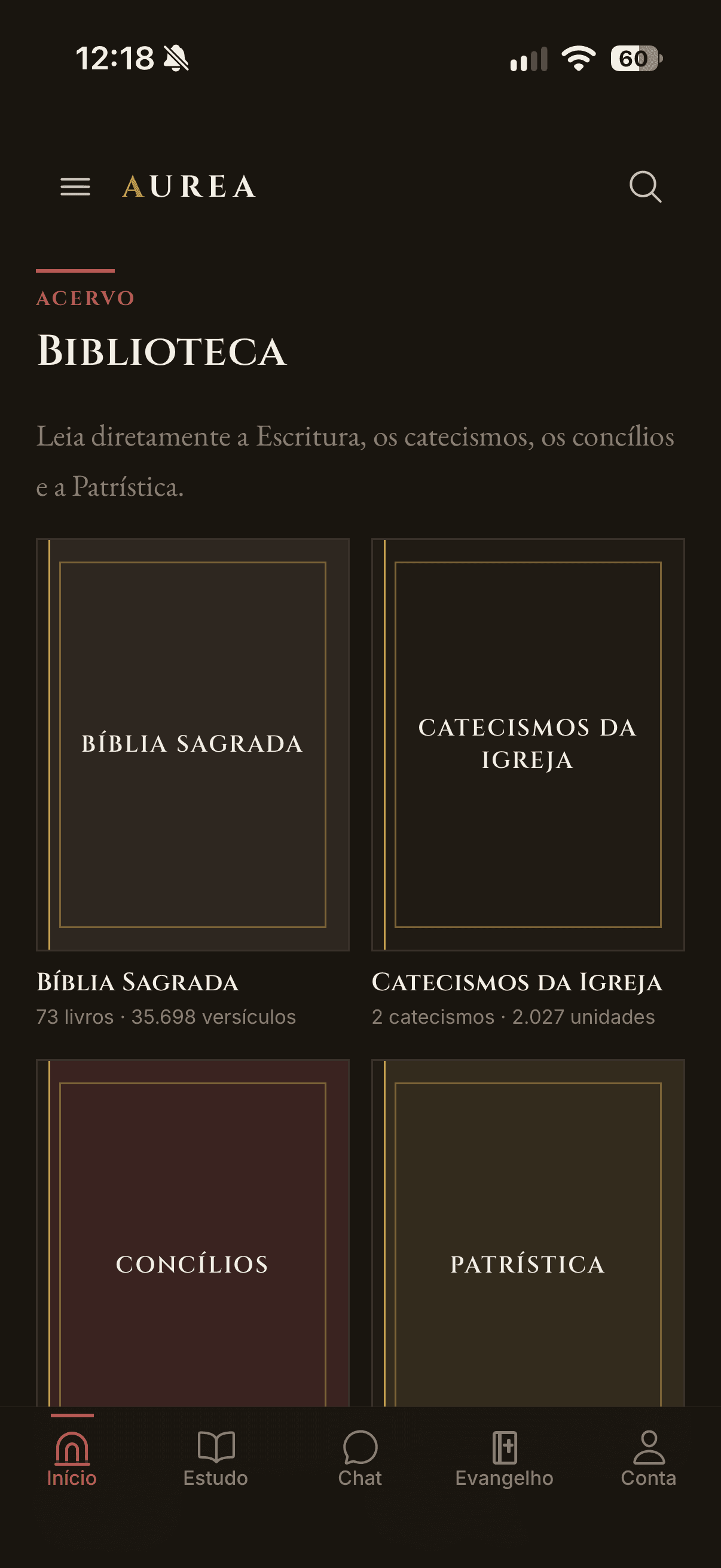 Tela inicial do aplicativo Aurea com a Biblioteca